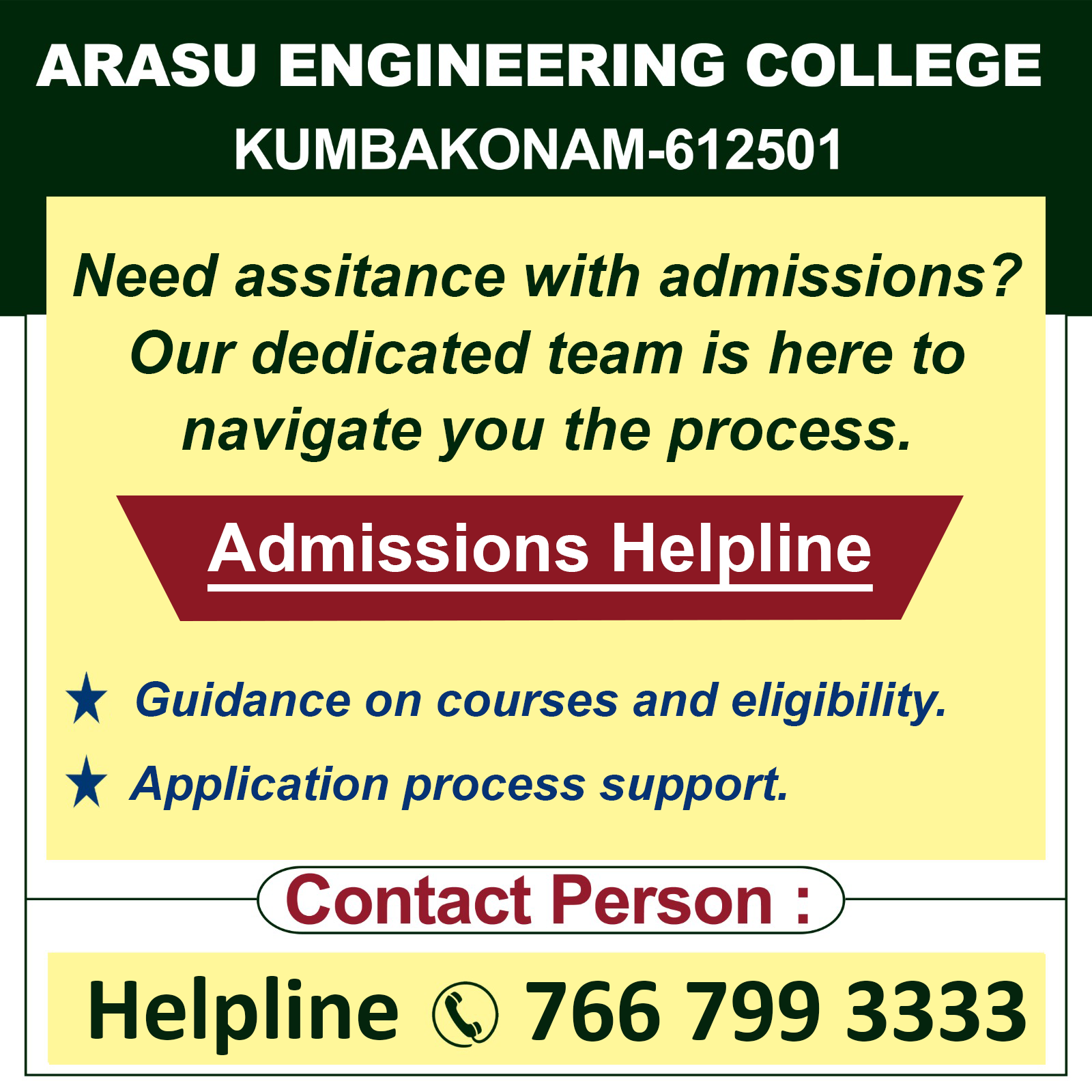 Admissions Helpline - Arasu Engineering College, Kumbakonam